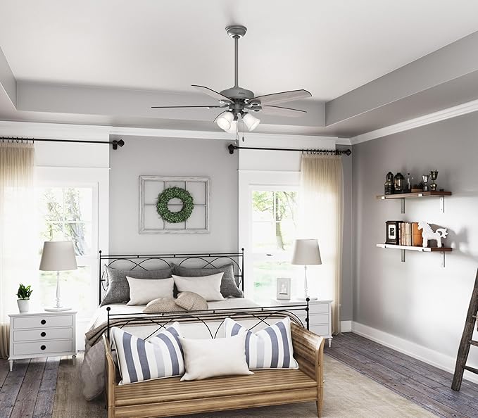 Hunter 52 inch Indoor Ceiling Fan with LED Lights - Ceiling Fan with Pull Chain, For Bedroom or Living Room, Standard Mount, No Remote, 5 Blades, Includes Bulbs - Builder Plus 51110, Matte Silver