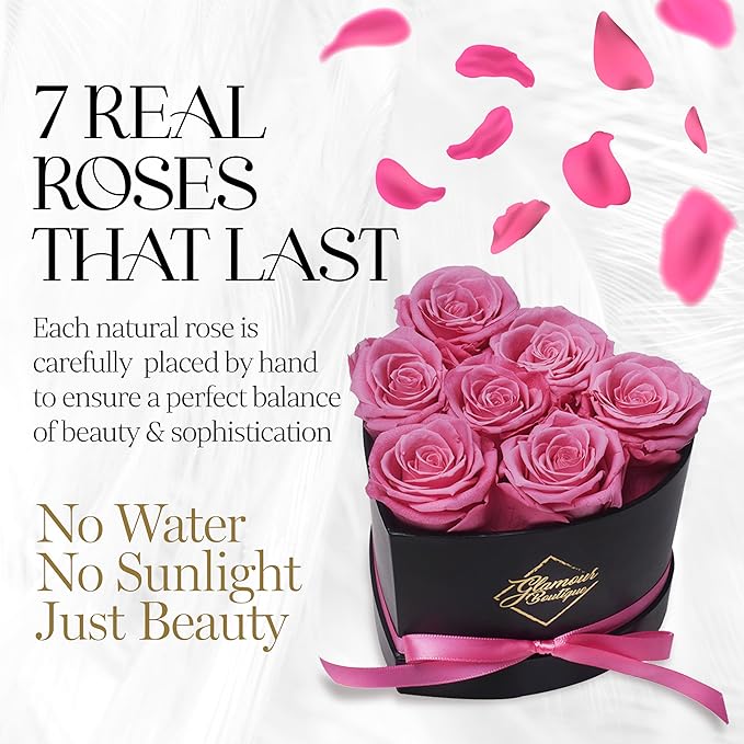 GLAMOUR BOUTIQUE 7 Flower Forever Heart Shape Box, Eternal Preserved Roses Gift for Her, Lasting Flowers, Petite Floral Heart Box for Birthday, Anniversary or Valentine’s Day, Pink (Color-Treated)