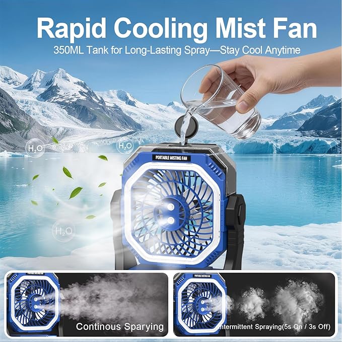 Portable Misting Fan with 20000mAh Battery, 350mL Instant Mist Spray, 270° Adjustable, 4 Speeds & 4 Timer, Rechargeable Water Mist Fan for Outdoor Camping Beach Patio Travel, Power Bank Function