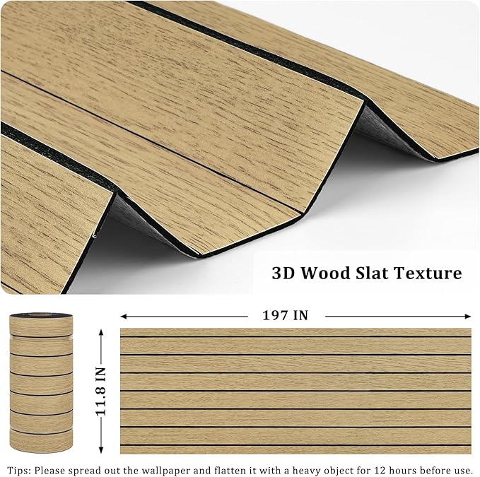 Oak Brown Wood Wall Panels Peel and Stick Fluted Slat Wall Paneling Flexible Acoustic Wood Walls Panels 11.8"x197" Self Adhesive Natural Slat Wooden Panel Wallpaper for Living Room Basement