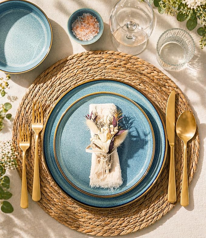 GBHOME Ceramic Dinnerware Sets for 8, 24 Pieces Stoneware Plates and Bowls Sets, Scratch Resistant Dishes, Dishwasher & Microwave Safe, Reactive Glaze-Space Blue