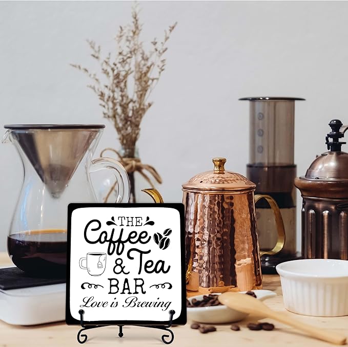 Coffee Bar Sign, Love is Brewing Farmhouse Tabletop Decor, Coffee and Tea Lover Gifts, 5x5 Wood Plaque with Iron Stand for Home Kitchen Cafe, Coffee Bar Decor – L06