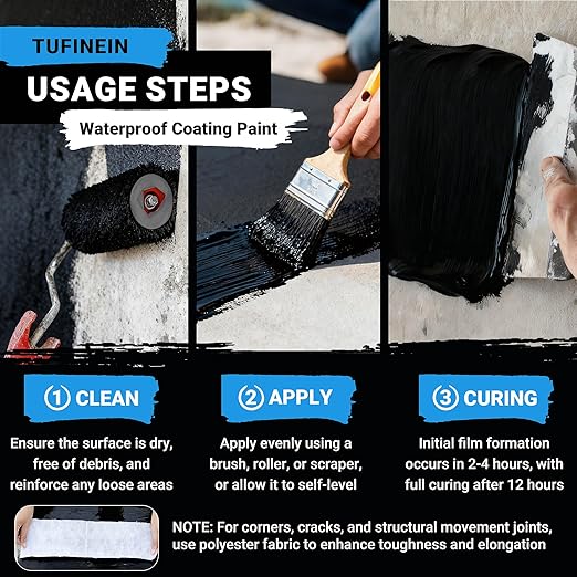 Rubber Liquid Waterproof Sealant, TUFINEIN 53oz/1.5kg Black Quick Drying Multi Surface Foundation Leak Repair - Roof Gutters Basement Sealer Waterproof - Indoor & Outdoor Flexible Rubber Paint