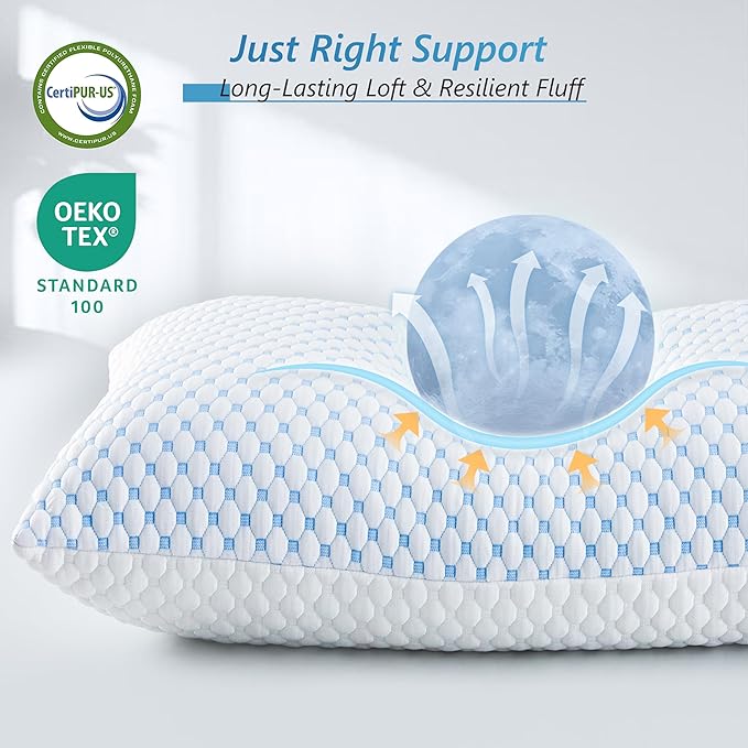 UYWO Cooling Firm Bed Pillows Set of 2, Shredded Memory Foam Pillows for Sleeping Luxury Gel Pillows for Side Back Stomach Sleepers with Removable Washable Cover(Blue, Standard)