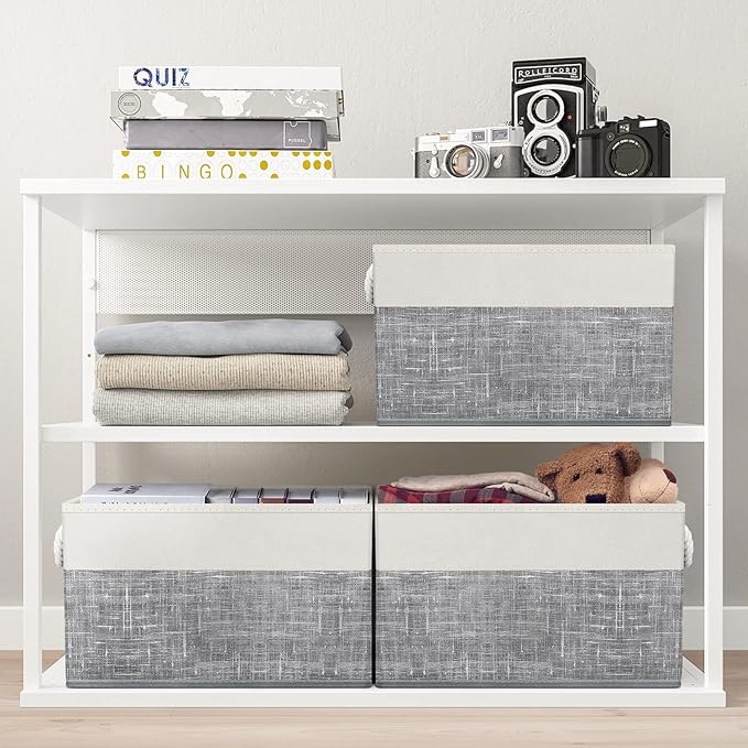 Fab totes Storage Bins [9-Pack], Foldable Storage Baskets for Organizing Toys, Books, Shelves, Closet, Large Storage Box with Rope Handles, Sturdy Organizer Bins, White & Black