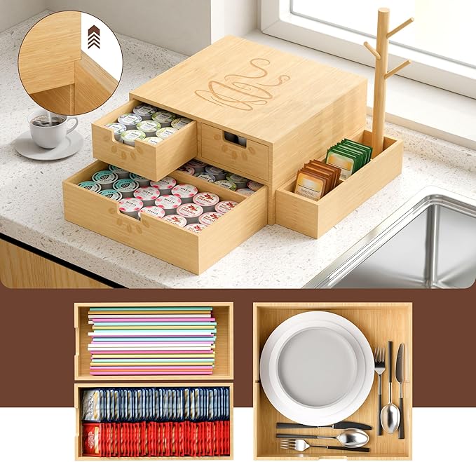Coffee Pod Drawer, Wooden K Cup Holder with Tree Shape Mug Holder and Side Storage Box, 2-Tier K Pod Drawer Coffee Maker Machine Stand(80 Kcups+60 Tea Bags Capacity)