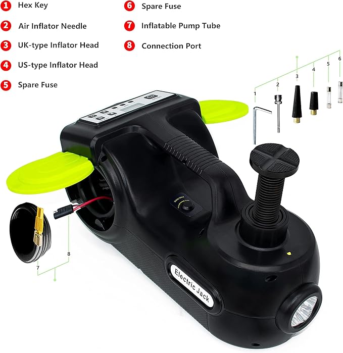 E-HEELP Electric Car Jack Kit 5Ton 12V Hydraulic (Lifting Range: 6.1-20.86 inch) with Impact Wrench & Inflator for Car SUV Sedan MPV with LCD & Tire Pressure Display