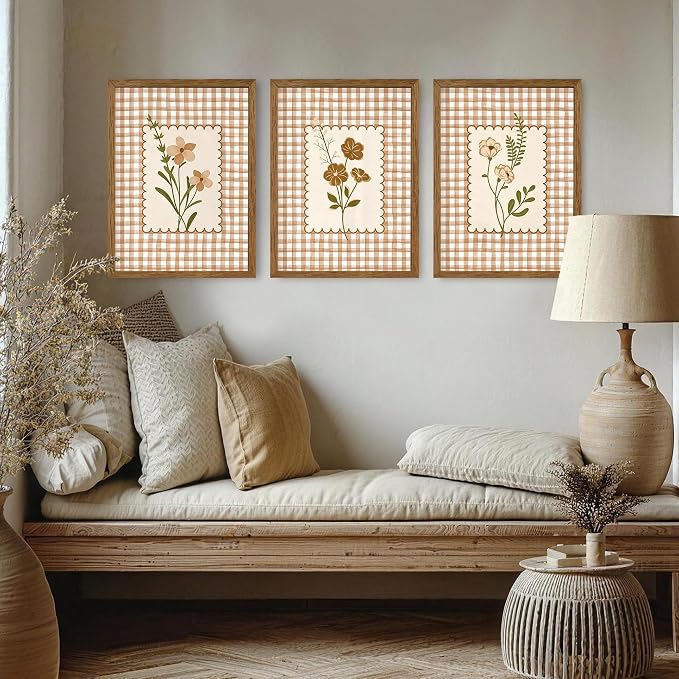 JLTULT Farmhouse Botanical Wall Art Set of 3, Neutral Brown Cottagecore Floral Prints, Wood Framed Wall Decor for Bedroom Living Room Nursery Hallway, 12x16 Inches Each, Ready to Hang
