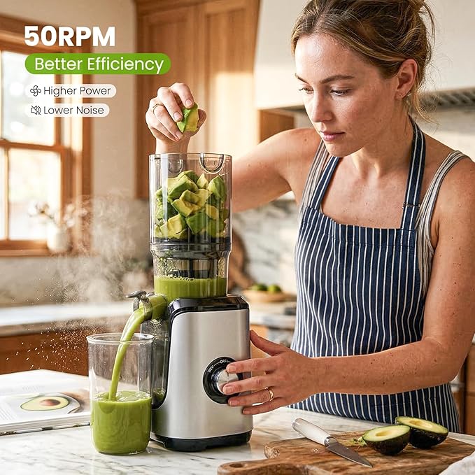 Slow Masticating Juicer Machines, Cold Press Juicer with Safety Lock & Reverse Function, 4.25" Feed Chute for Whole Fruits & Vegetables, High Juice Yield, Silver