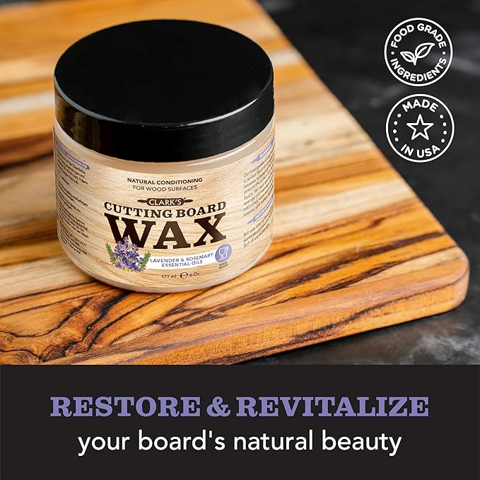 CLARK’S Cutting Board Oil and Wax Kit - Set includes Food Grade Mineral Oil (12oz), Finishing Wood Wax (6oz), Applicator Sponge & Buffing Pad, Enriched with Food Safe Lavender and Rosemary Extract
