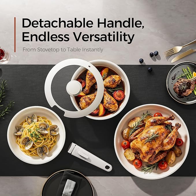 16pcs Nonstick Cookware Set, Diamond-Titanium Ceramic Coating & 3 Layer Stainless Steel Pots and Pans Set with Detachable Handle, Dishwasher Safe, Induction Compatible, Oven Safe, White