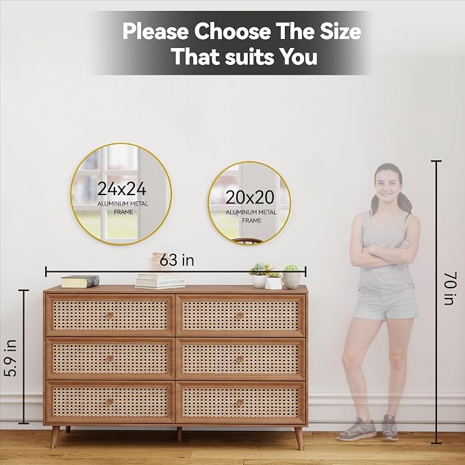 SCWF-GZ 24" Round Mirror Circle Wall Mounted Hanging or Against Wall Metal Frame Dressing Make-up Mirrors for Entryway Bedroom Bathroom Living Room 24 inch Gold