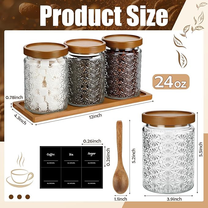 3 Pcs Glass Coffee Container Set with Wooden Lid Spoon Shelf Labels Clear Sugar Tea Airtight Jar Food Storage Canisters Set for Spice Holder Coffee Bar Gifts(Star,24 oz)