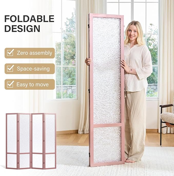 4 Panel Acrylic Room Divider Privacy Screen - Freestanding Frosted Translucent Partition, Lightweight Modern for Home Office Studio (Pink, 4 Panels)