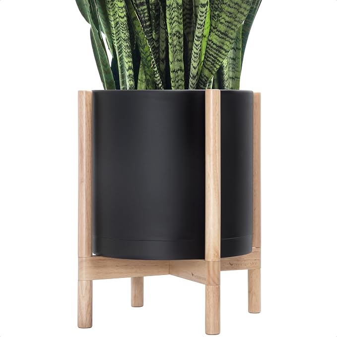 D'vine Dev Plastic Pot with Natural Wood Stand, Black, 14 in, 55-C-S-2 | Mid-Century Inspired Design, Elevated Plant Display, Clean Lines, Sturdy Support, Modern Space-Saving Style