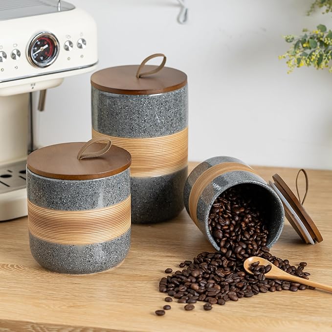 Miamolo Large Storage Containers with Lids, Ceramic Coffee Container Kitchen Food Storage Cookie Jars with Airtight Lid for Spice Sugar Tea Bag, Stackable Decorative Jars for Counter, Grey & 61 fl.oz