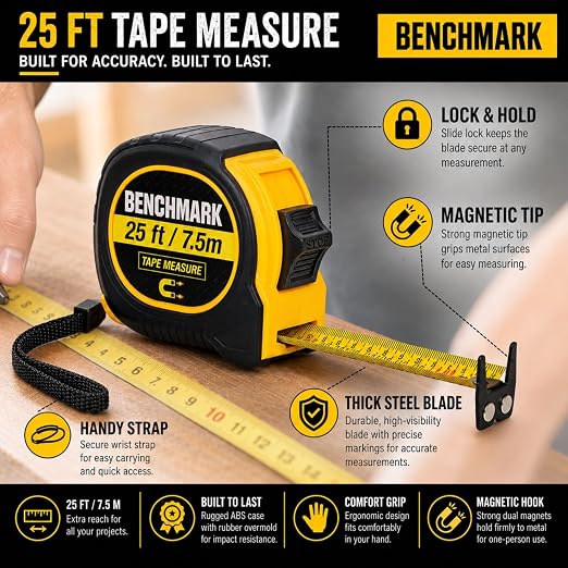3 Pack - Tape Measures 25 ft / 7.5m – Dual Sided Blade with Easy Read Fractions to 1/8th inch Plus Centimeters on Back Side - Magnetic Tip - Thumb Lock - Belt Clip – Retractable Measuring Tape