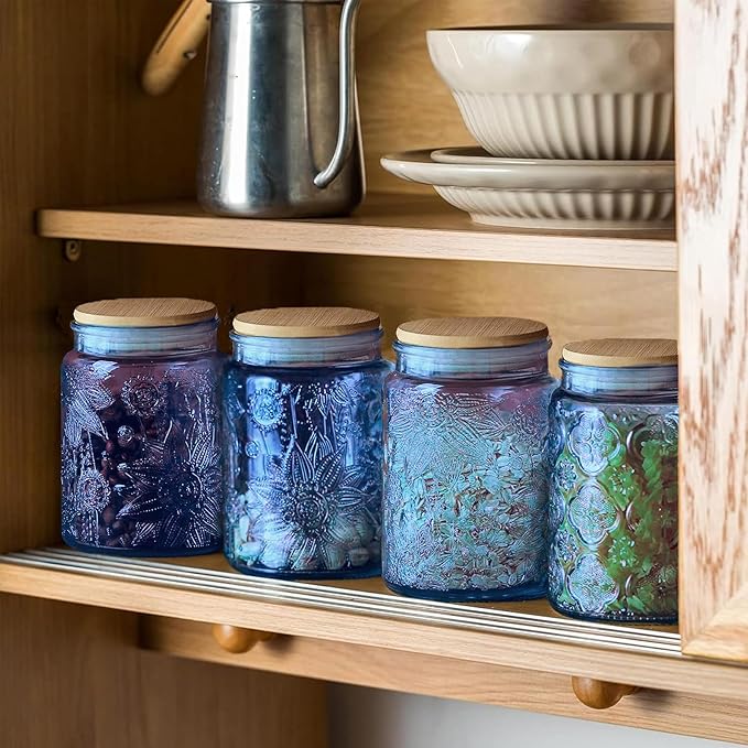 Custde Blue Vintage Glass Candy Jar with Airtight Bamboo Lid, 23.7oz Kitchen Storage Canister for Sugar, Coffee, Tea, Cookies, Bath Salt - Decorative Mason Jar for Pantry & Counter(Blue, 23.7 fl oz)