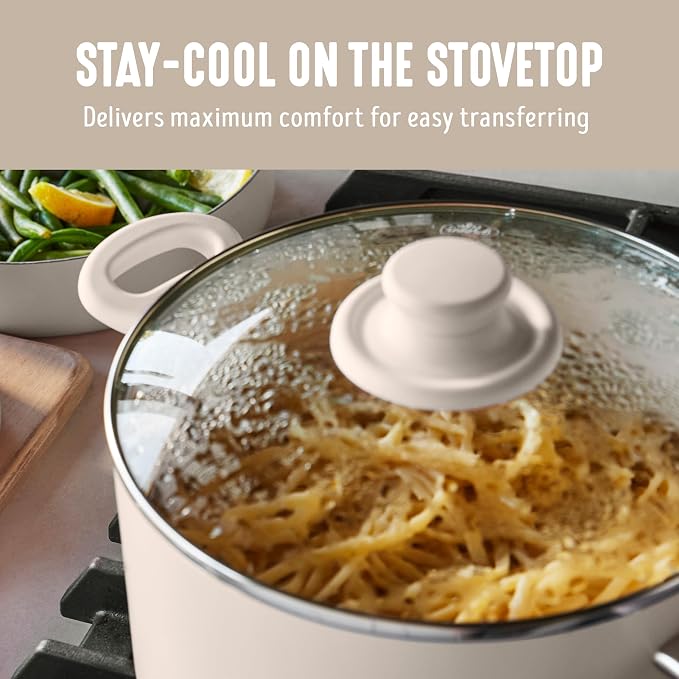 GreenLife 6QT Ceramic Nonstick Stockpot with Glass Straining Lid, Taupe | PFAS-Free Ceramic Nonstick Coating, Large Cooking Pot, Soup Pan, Stay-Cool Handles, Dishwasher & Oven Safe up to 350F