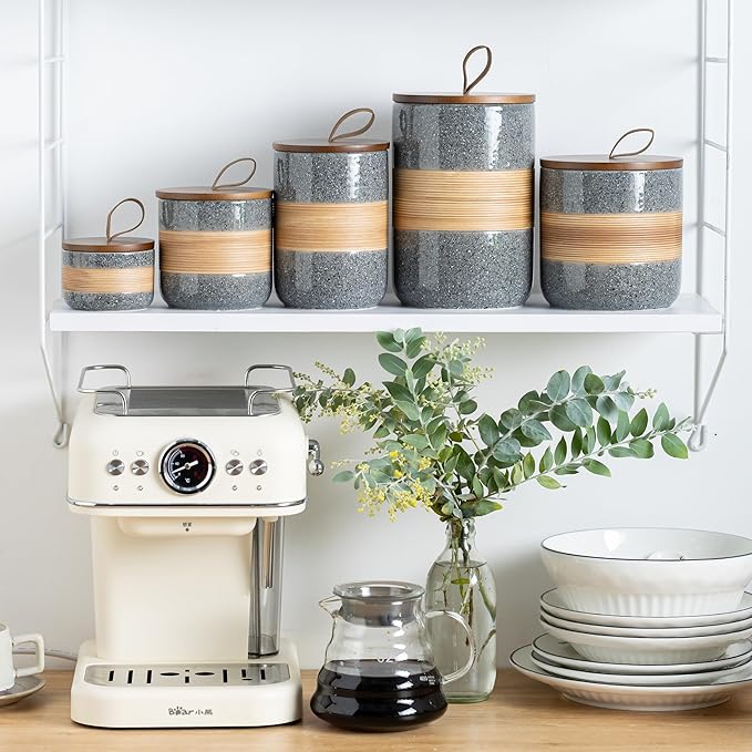 Miamolo Ceramic Jar with Lid Airtight, Coffee Container Kitchen Food Storage Jars for Spice Sugar Tea Bag, Stackable Decorative Jars for Countertop, Grey & 18 fl.oz