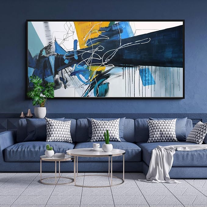 KLAKLA Wall Art for Living Room - Blue Abstract Canvas Pictures Framed Artwork for walls Extra Large Prints for Bedroom Above the Bed Decor