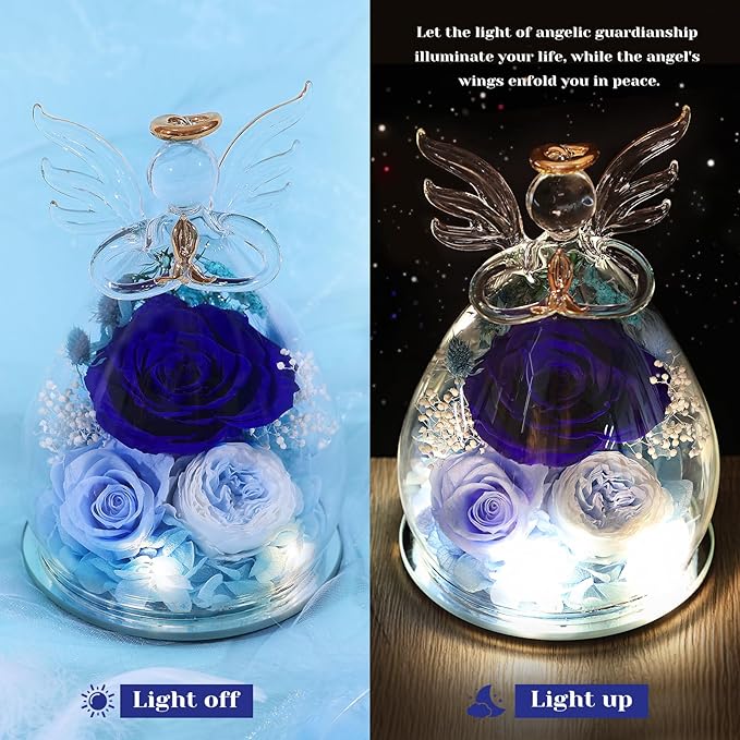 FIACO Gifts for Women Birthday Preserved Rose Forever Flower in Glass Angel Figurines Fresh Flowers for Delivery Prime for Mom Real Roses for Grandma Sister Wife Her from Daughter