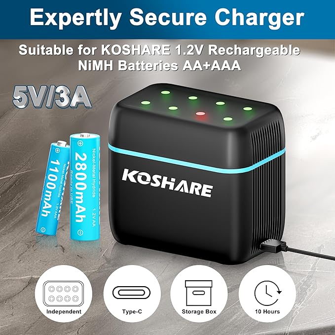 Rechargeable Ni-MH Battery with Charger, 8 Pack 1.2V 2800mAh AA and 1100mAh AAA High Capacity Ni-MH Batteries, Rechargeable up to 800 Times, Pre-Charged (Black+Blue, 4AA4AAA+8Slot Charger)