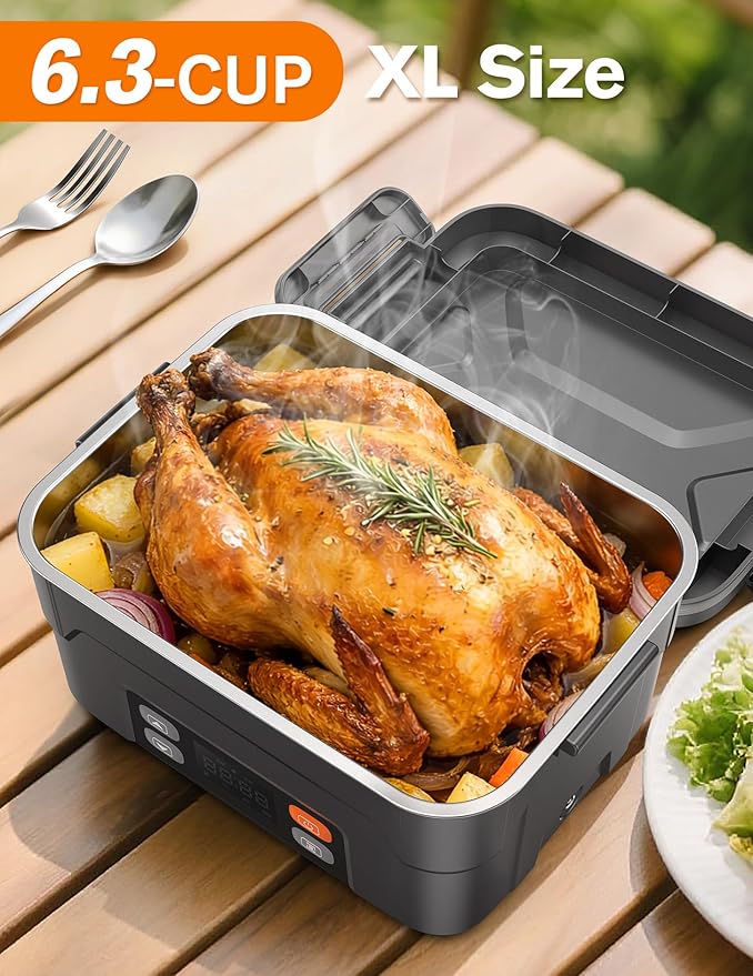 EAST OAK XL 6.3-Cup/1.5L Cordless Electric Lunch Box for adults, Electric Lunch Box Food Heater with Smart Timer, 220°F Stainless Steel Container for Work Outdoor,Standard Gray