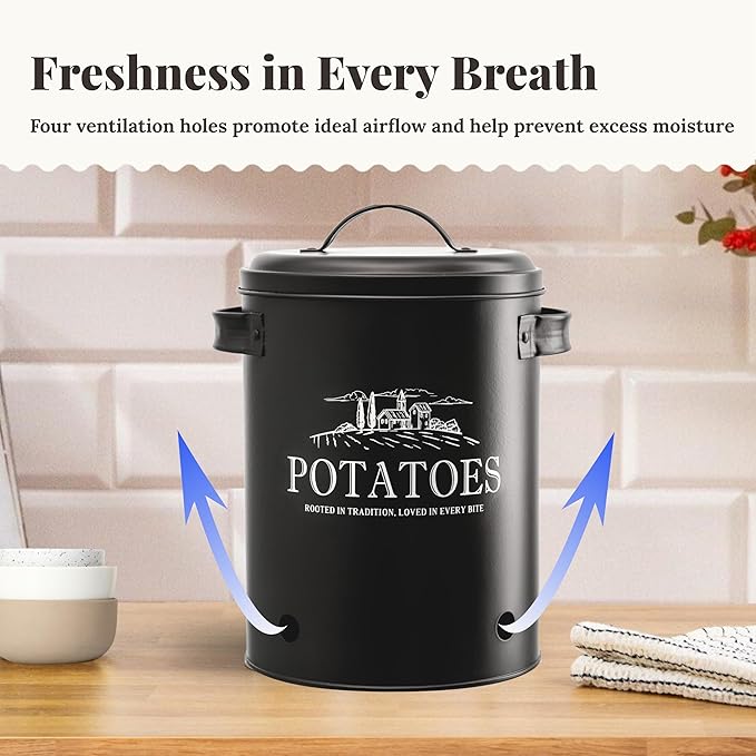 noonberry Potato and Onion Storage Bin Set – 3-Piece Ventilated Potato Storage Bin, Onion Storage Container and Garlic Container – Matte Black Finish