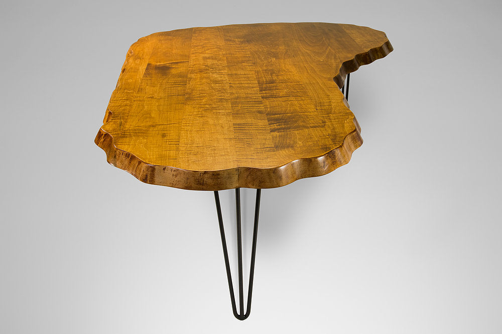 Wavy Tiger Maple Kidney Table with Hairpin Legs