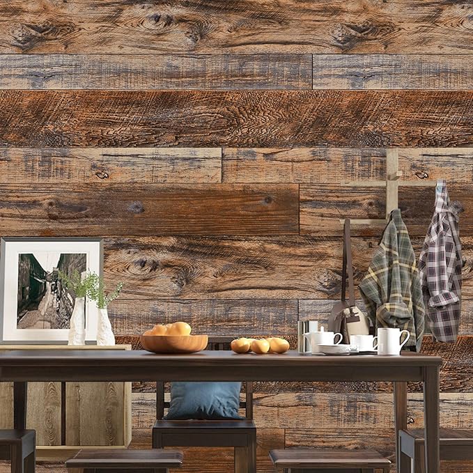 WENMER 11.8" x 118" Brown Wood Peel and Stick Wallpaper Shiplap Self Adhesive Wallpaper Wood Plank Wall Paper for Cabinet Countertop Shelf Drawer Wall Door