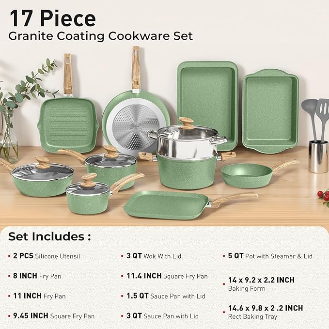 DishDelight 17Pcs Non Stick Pots and Pan Set, Granite Kitchen Cookware Sets, Induction Cooking Pans Set, Green
