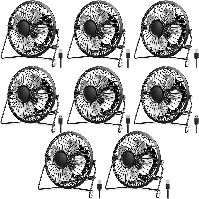 Glooglitter 8 Pcs USB Desk Fan Powerful Quiet 360° Adjustable Rotation Personal Metal Mini Desk Fan Bulk Summer Small Desks Fans for Home Office Bedroom Table Airflow Cooling, USB Powered Only(Black)