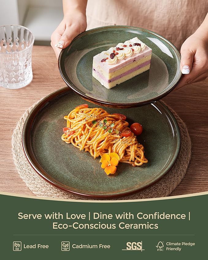 Pokini Stoneware Dinnerware Sets for 6, 18 Pieces Ceramic Plates and Bowls Sets, Chip and Scratch Resistant Dish Set, Dishwasher & Microwave Safe Plate Set, Brown Green