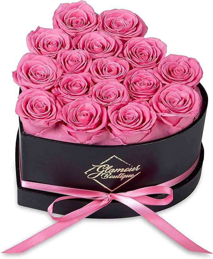 GLAMOUR BOUTIQUE 16 Flower Forever Heart Shape Box, Eternal Preserved Roses Gift for Her, Lasting Flowers, Romantic Floral Keepsake for Birthday, Anniversary or Valentine’s Day, Pink (Color-Treated)