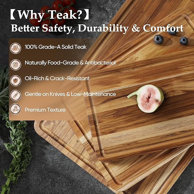 4 Pack Teak Cutting Board Set for Kitchen Wood Cutting Board Heavy Duty Non Toxic Non Slip Solid Thick Wooden Chopping Board