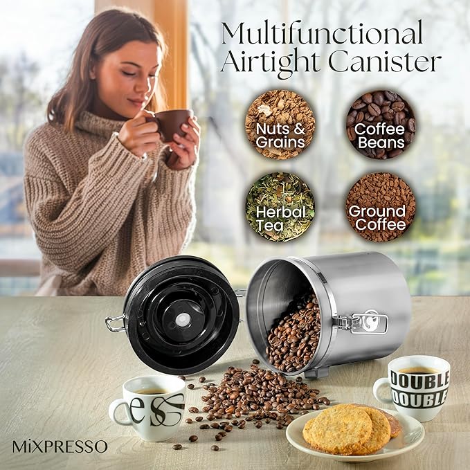 Mixpresso 16 Oz Stainless Steel Coffee Canister with Scoop – Airtight Coffee Container with CO2 Valve for Bean Storage, Date Tracker Lid