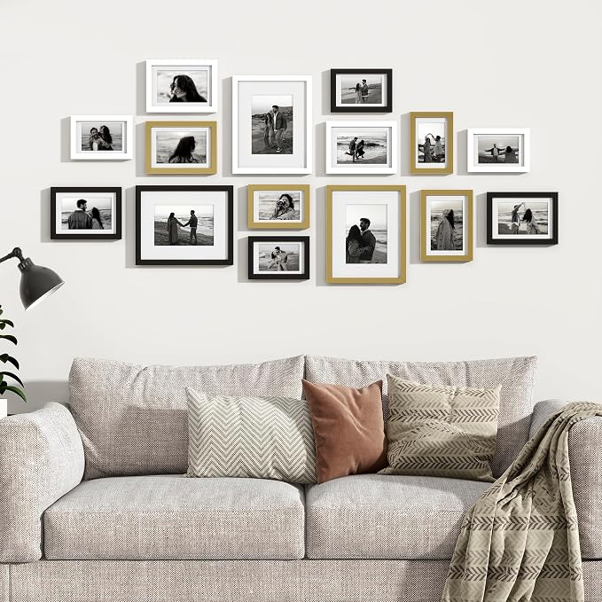 Venusmiles 15 Pack Picture Frames Collage Wall Decor, Gallery Frame Set for Wall Mounting or Tabletop Display, Multi Sizes Including 3pcs 8x10, 6pcs 5x7, 6pcs 4x6, Black+White+Gold