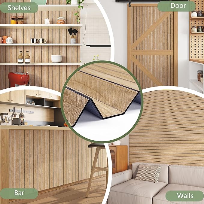 ReWallpaper Self Adhesive Wood Panels for Wall Peel and Stick Light Oak Faux Wood Slat Wall Panel Waterproof Sound Proof Foam Panels for Bedroom Bathroom Living Room Door DIY Home Decor 12in x 10ft