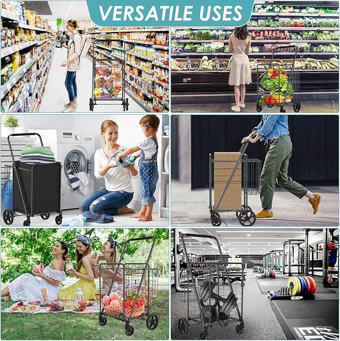 Upgraded Shopping Cart for Groceries,330LBS Jumbo Grocery Cart with Waterproof Liner, 360° Rolling Swivel Wheels and Double Basket, Heavy Duty Folding Shopping Carts for Laundry Transport
