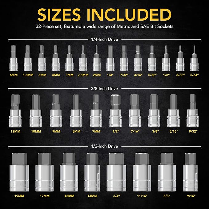 LEXIVON Master HEX Bit Socket Set, Premium S2 Alloy Steel | Complete 32-Piece, SAE and Metric Set | Enhanced Storage Case (LX-144)