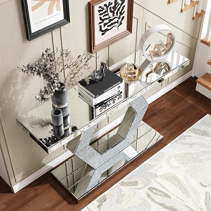 SSLine Mirror Console Table for Living Room 55" Modern Mirrored Entryway Table with Shiny Hexagon Base Luxury Glass Foyer Tables for Entryway Hallway