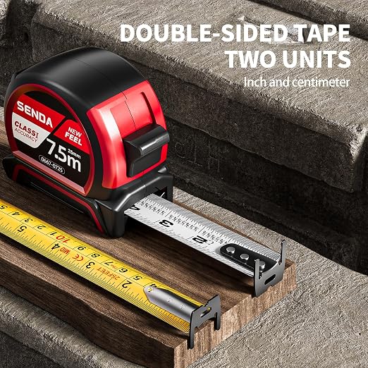 SENDA Tape Measure 25FT with 1/8 Fraction, Double-Hook Measuring Tape Retractable with 1 Inch Wide Blade & Belt Clip, ABS TPR Rubber Protection,Matte Nylon-Coated Blade for DIY, Construction (1 Pack)