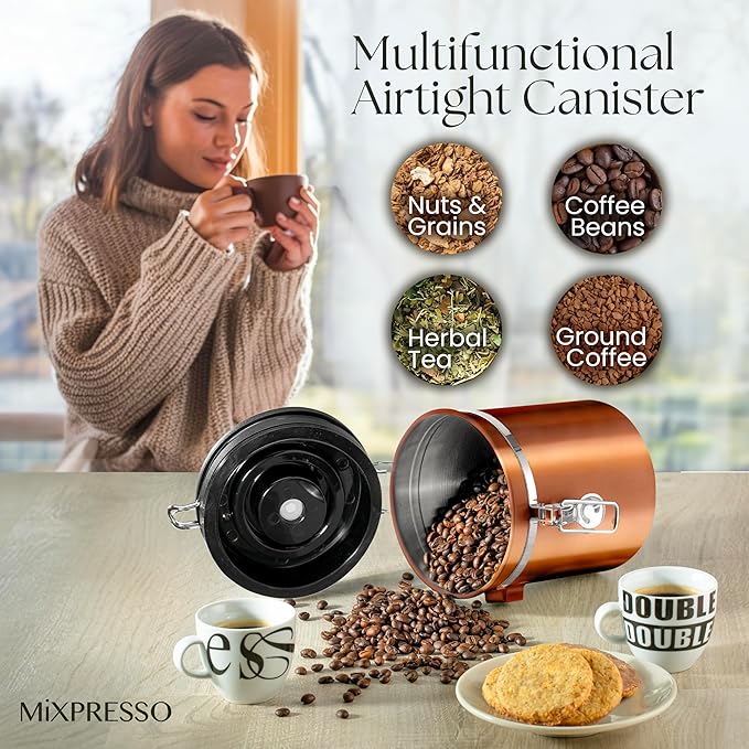 Mixpresso Copper 16 Oz Stainless Steel Coffee Canister with Scoop – Airtight Coffee Container with CO2 Valve for Bean Storage, Date Tracker Lid