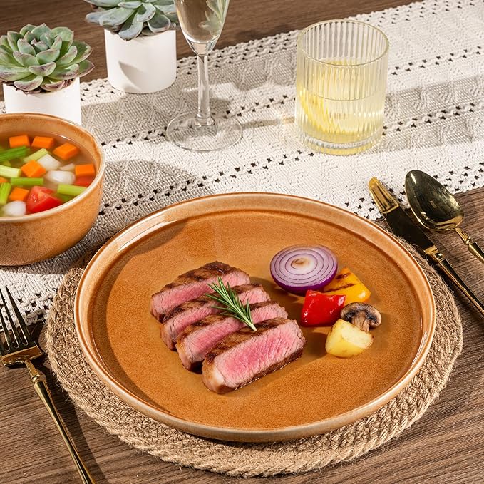GBHOME Ceramic Dinnerware Sets for 6, 18 Pieces Stoneware Plates and Bowls Sets, Scratch Resistant Dishes, Dishwasher & Microwave Safe, Reactive Glaze-Amber