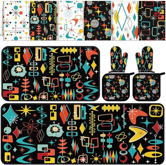 Fourluoo 12 Pcs Retro Kitchen Decor Mid Century Oven Mitts and Pot Holders Set Mid Century Kitchen Dish Towels Vintage Abstract Geometric Potholders Rugs Mats for Black White Baking Cooking BBQ Gift