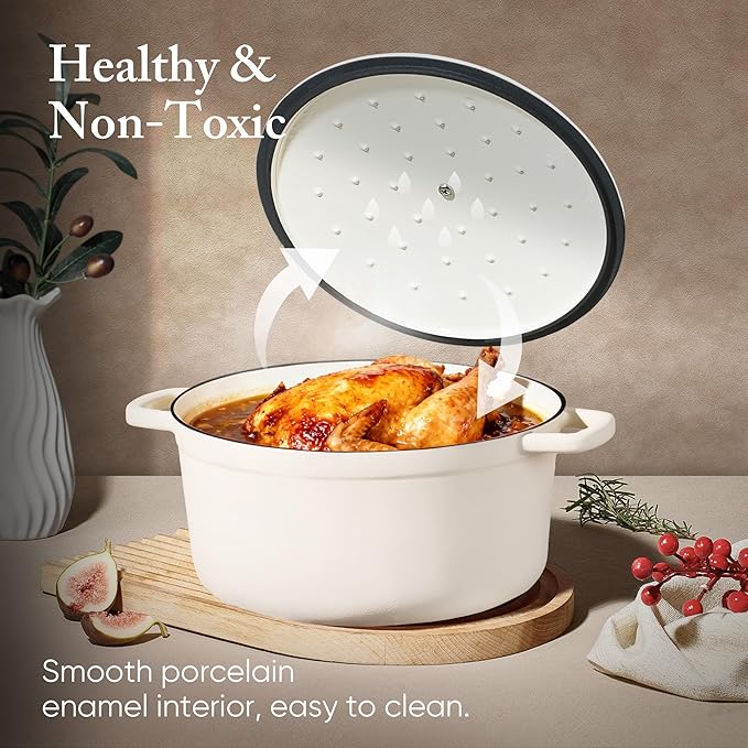 CAROTE 7QT White Enameled Cast Iron Dutch Oven Pot with Lid | Sourdough Bread Baking, Braising, Stews, Roasting, Healthy & Non-Toxic, Dual Handles, Oven Safe up to 500° F