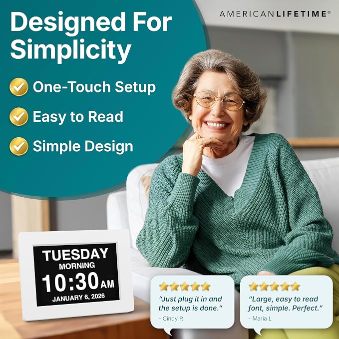 American Lifetime New 2026 Dementia Clock Large Digital Clock for Seniors, Large Display with Custom Alarms, Calendar Clock with Day & Date for Elderly, Clear Numbers Alzheimer Digital Clock White