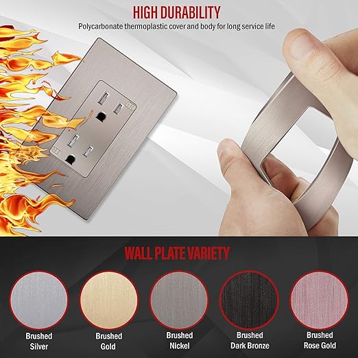 ENERLITES Elite Series Decorator Receptacle Outlet Child Safe Tamper-Resistant, Gloss Finish, Self-Grounding, Residential Grade, 15A 125V Standard Electrical Wall Outlet, UL Listed, Nickel (10 Pack)