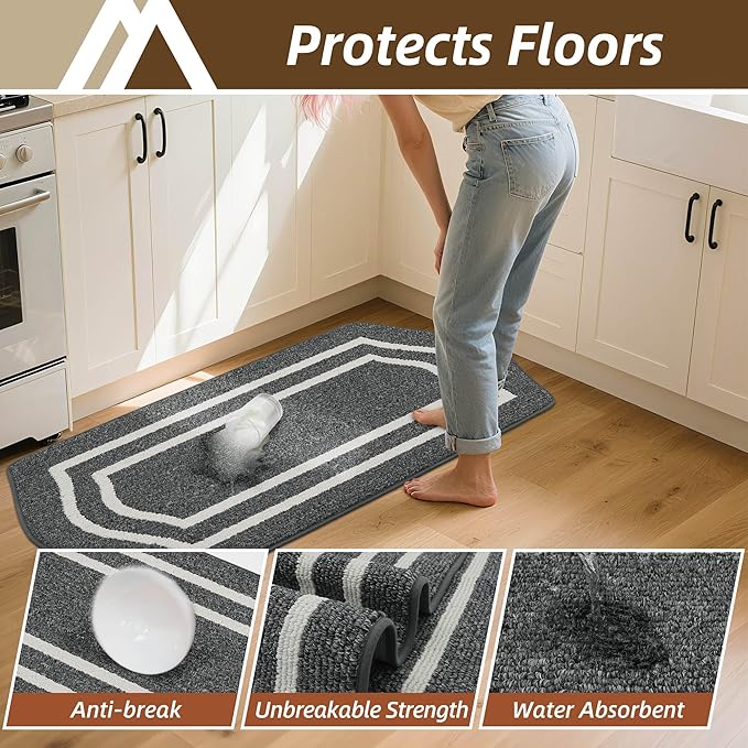 COSY HOMEER Long Kitchen Floor Mats for in Front of Sink Super Absorbent Kitchen Rugs and Mats 24"x48" Non-Skid Kitchen Mat Standing Mat Washable,Polypropylene,Dark Grey,Frame